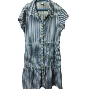 Girls denim blue/white stripe tiered shirt dress cap sleeves boho cottage M(7-8)